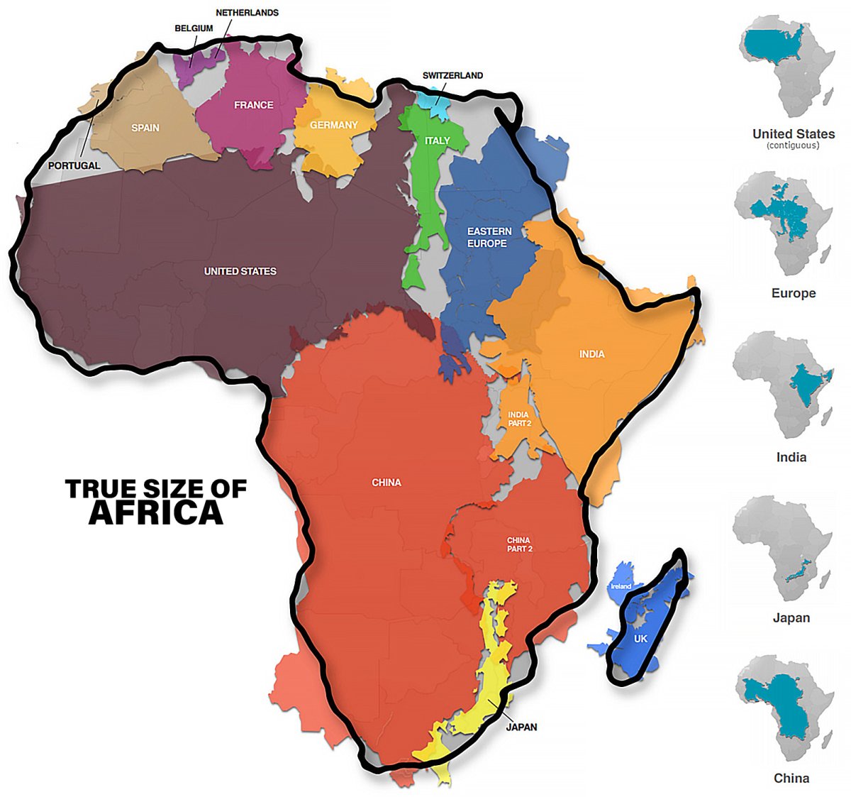 Map illustrating the true geographic size of Africa compared to other continents and major countries around the world.
